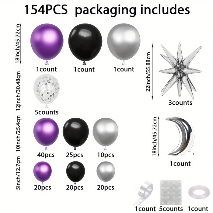 154Pcs Metal Purple Balloon Arch Kit Silver Moon Balloon Birthday Party Anniversary Engagement Graduation Ceremony Decoration