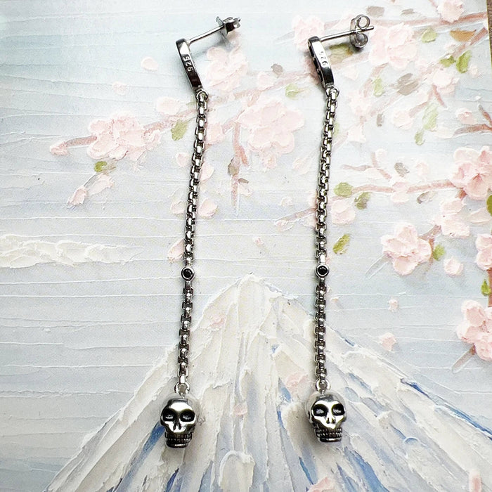 925 Sterling Silver Vintage Skull Earrings Women Long Drop Fine Jewelry