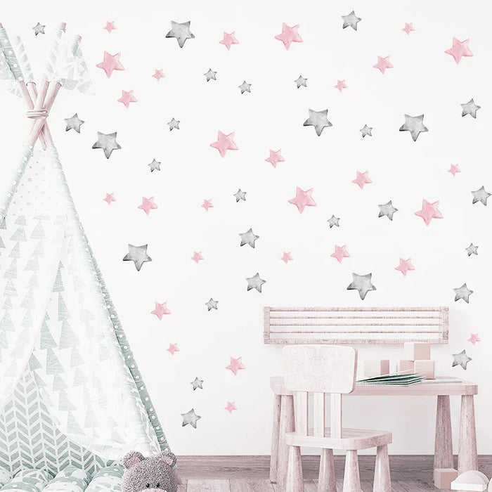 56 Watercolour Pink Grey Stars Wall Stickers For Kids Room Decor
