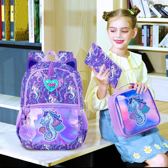 3 Piece Girls 16.5 Inch Seahorse Backpack Set For School