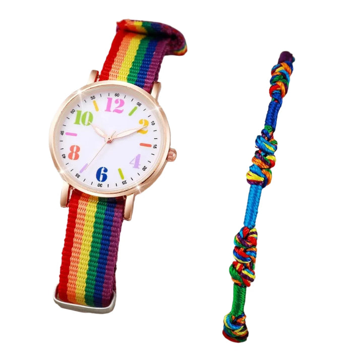Colourful Rainbow Canvas Strap Mens Watch Set