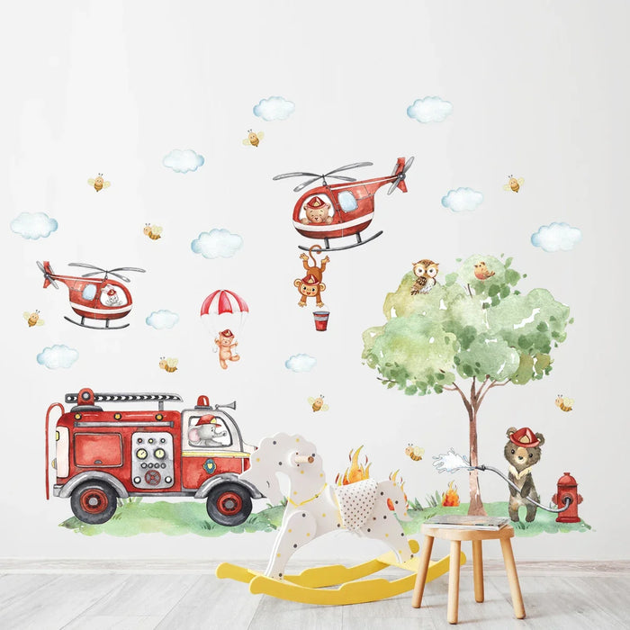 Adorable Animal Fire Truck Wall Decals For Kids Room