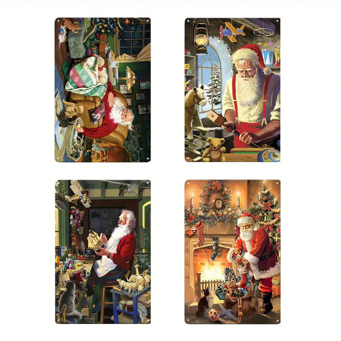 Santa Claus Metal Sign 4Pc Christmas Decor Set