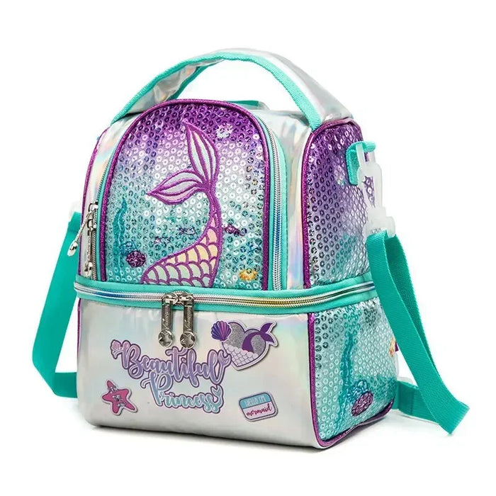Kids Insulated Lunch Bag With Adjustable Strap High Capacity Bento Box For School Mermaid Sequin Design
