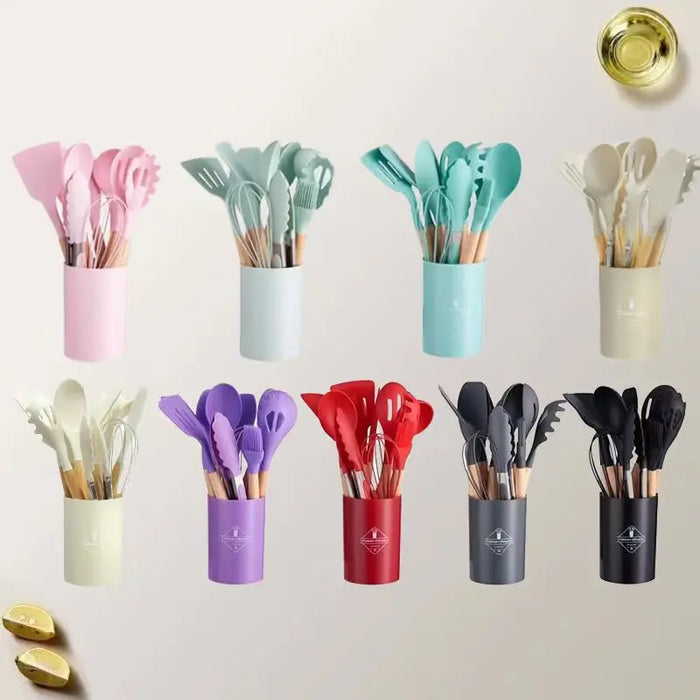 12 Piece Non Stick Silicone Kitchen Utensil Set With Wooden Handles