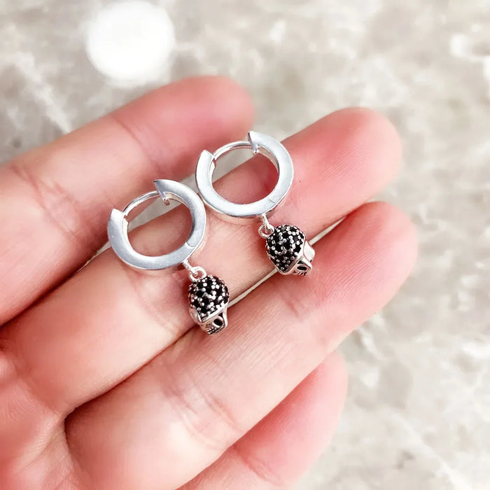 925 Sterling Silver Skull Pave Hinged Hoop Earrings Rebel Punk Jewelry For Women And Men