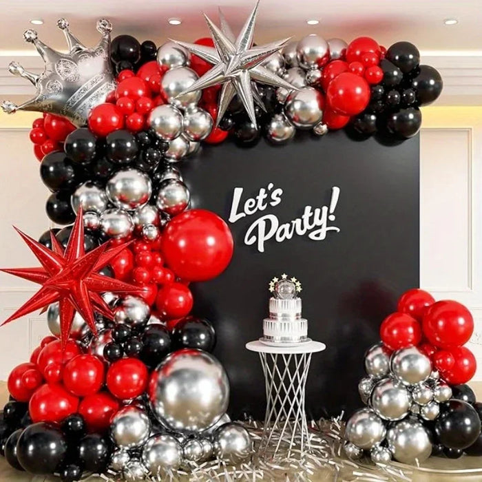 138Pcs Crown Balloon Arch Set - Red Black Silver Balloon Explosion Star Crown-For Weddings Birthdays Balls And Other Events