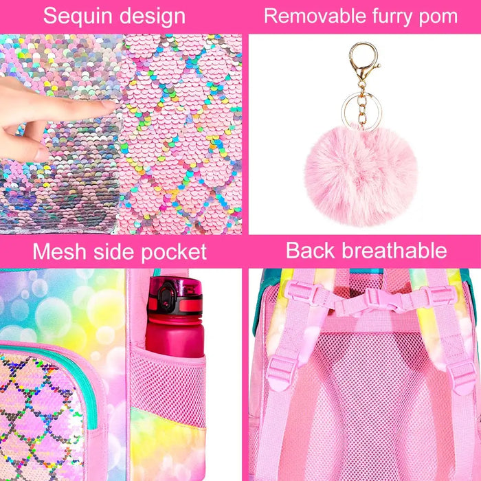 3 Piece Mermaid Backpack Set For Girls 15 Inch Sequin Bookbag With Lunch Box