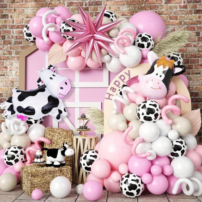 129Pcs Cow Balloon Arch Set With White Cow Print Balloon And Pink Starburst Farm Cowboy Girl Cow Theme Birthday Party Decoration
