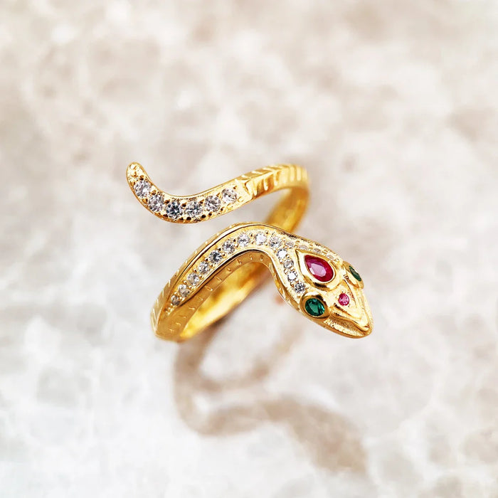 925 Sterling Silver Real Golden Snake Ring Animal For Women