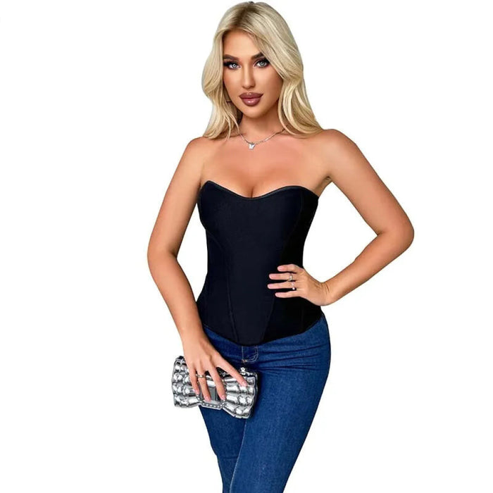 Adjustable Fish Bone Support Corset Top Black Mesh Fabric Back Zip Hollow Out Design