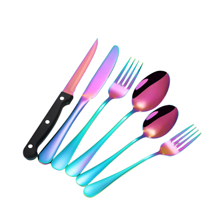 24 Piece Stainless Steel Tableware Set With Steak Knives & Dessert Spoons In Colour Box Packaging