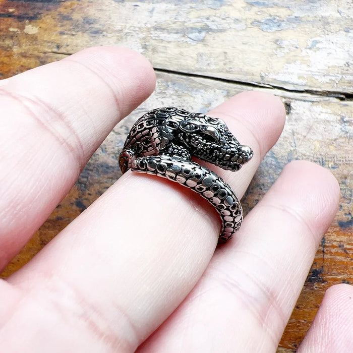 925 Sterling Silver Blackened Crocodile Ring Unisex Jewelry Fine Punk