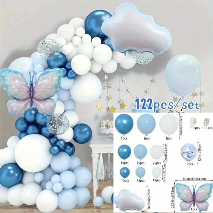 122Pcs Blue Balloon Wreath Arch Kit White Cloud And Butterfly Aluminum Film For Wedding Birthday Anniversary Decoration