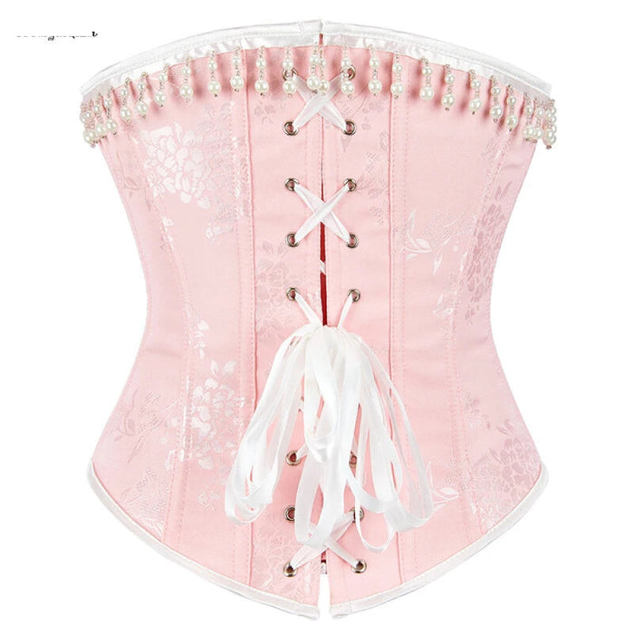 Floral Jacquard Lace Up Boned Victorian Corset With Beading And Tassel Detail Adjustable Hook And Eye Closure