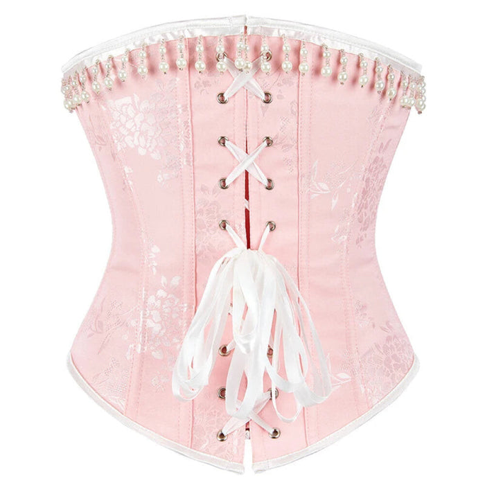 Floral Jacquard Lace Up Boned Victorian Corset With Beading And Tassel Detail Adjustable Hook And Eye Closure
