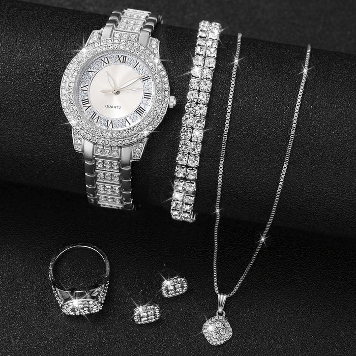 6 Piece Rhinestone Dial Quartz Watch Set Steel Band Diamond Accents