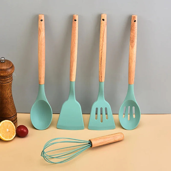 12 Piece Non Stick Silicone Kitchen Utensil Set With Wooden Handles