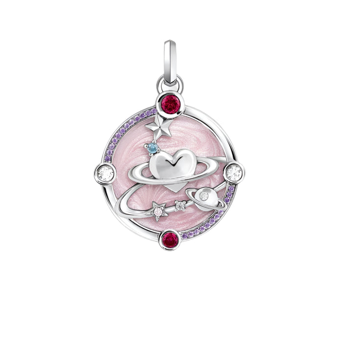 925 Sterling Silver Romantic Pink Heart Planet Pendant Jewelry For Women