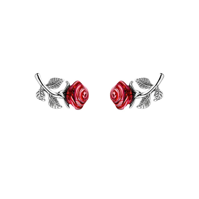 925 Sterling Silver Real Red Rose Stud Earrings For Women