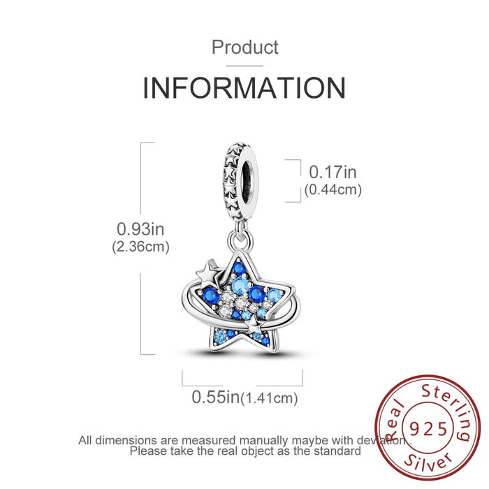925 Sterling Silver Blue Star Pendant Fits Bracelet Diy Gift For Women