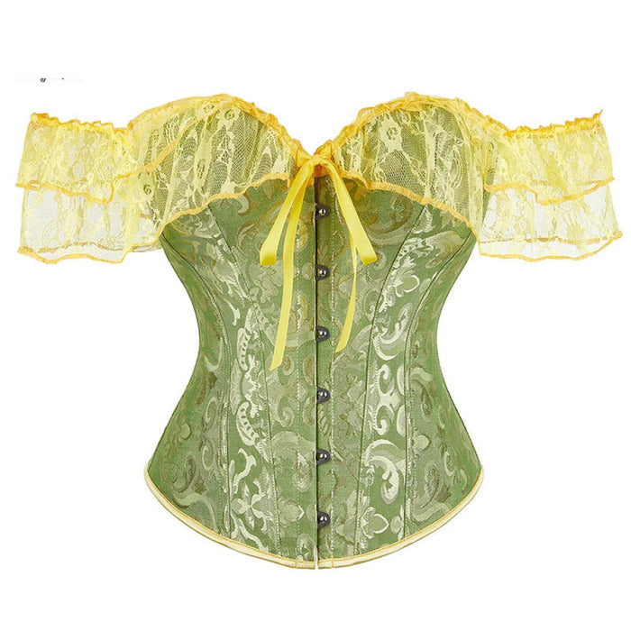 Brown Steampunk Corset With Front Busk Closure Floral Lace And Puff Sleeves