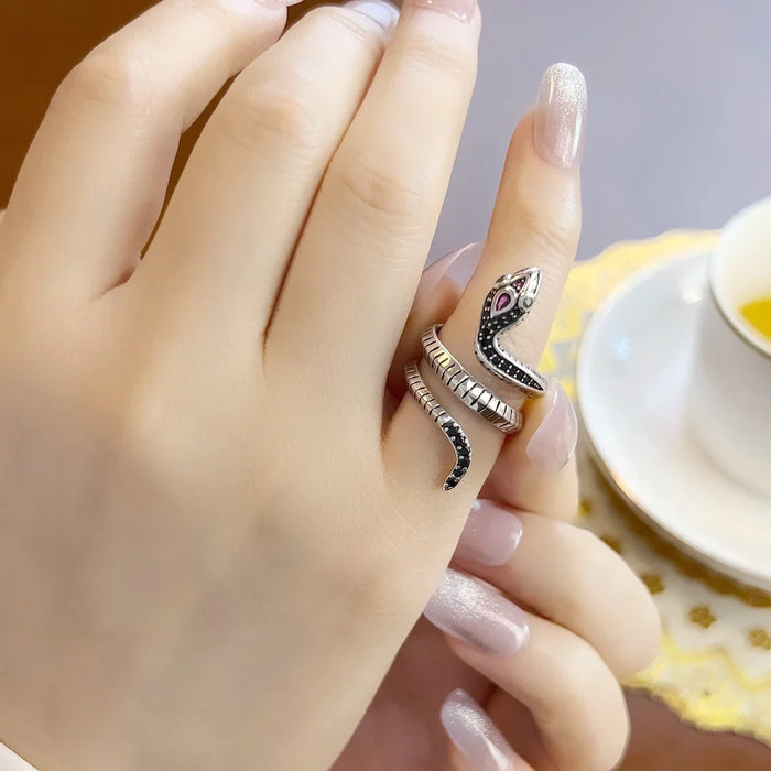 925 Sterling Silver Europe Style Black Stone Snake Ring Fine Jewelry For Women