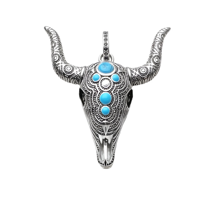 925 Sterling Silver Blue Bull Head Skull Pendant Turquoise Rebel Jewelry For Men & Women