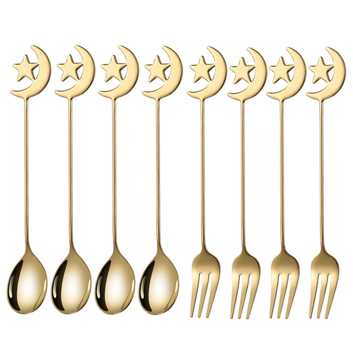 4 / 8 Piece Stainless Steel Star Moon Spoon & Fork Set For Coffee & Dessert