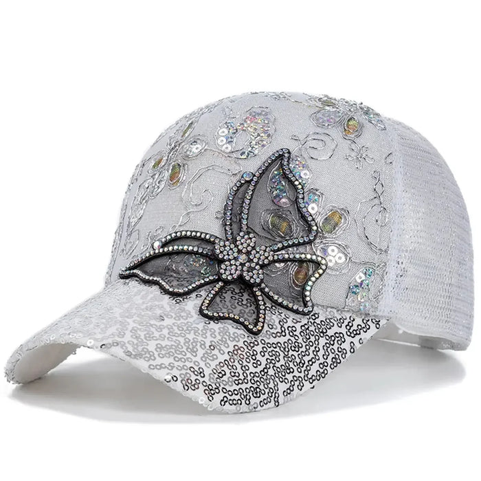 Glitter Butterfly Lace Baseball Cap Adjustable Sun Hat For Spring / Summer