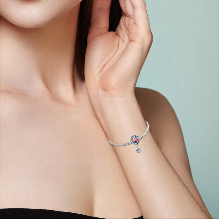925 Sterling Silver Colourful Hot Air Balloon Pendant Fits Bracelet Diy Gift