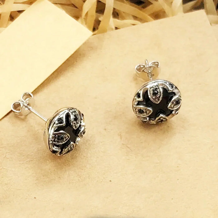 925 Sterling Silver Vintage Black Lotus Stud Earrings