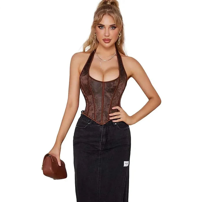Fish Bone Jacquard Deep V-Neck Corset Crop Top With Halter Neck Plus Size
