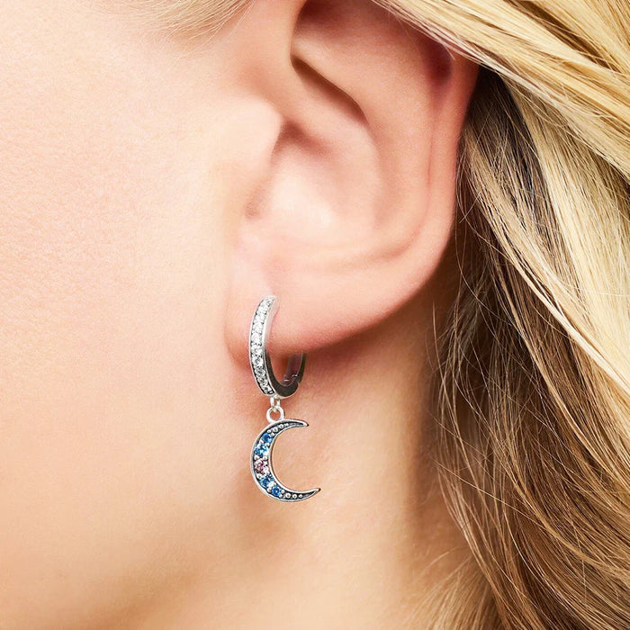 925 Sterling Silver Boho Star & Moon Hinged Hoop Earrings In
