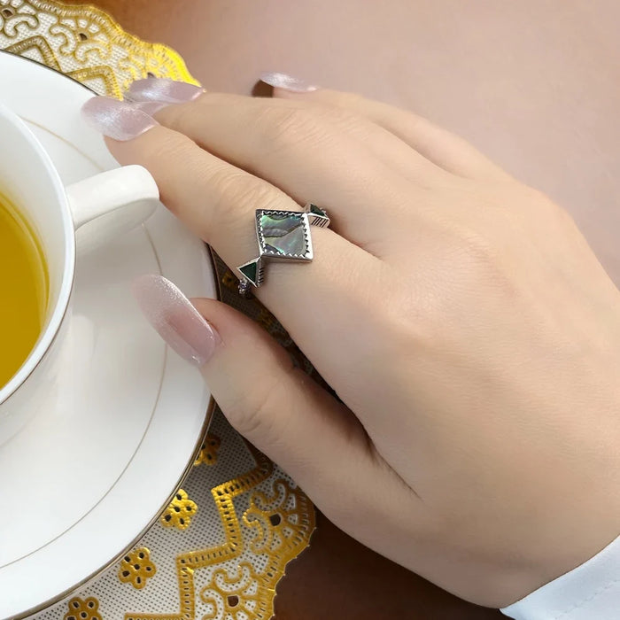 925 Sterling Silver Mother Of Pearl Abalone Zig Zag Ring