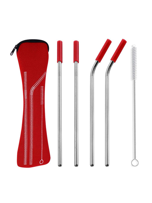 4 Piece Reusable Stainless Steel Straw Set With Cleaning Brush And Travel Bag