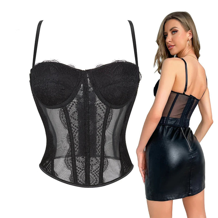 Mesh Lace Plus Size Corset With Spaghetti Straps & G-String 9 Plastic Bones Hook Adjust S-Xxxl