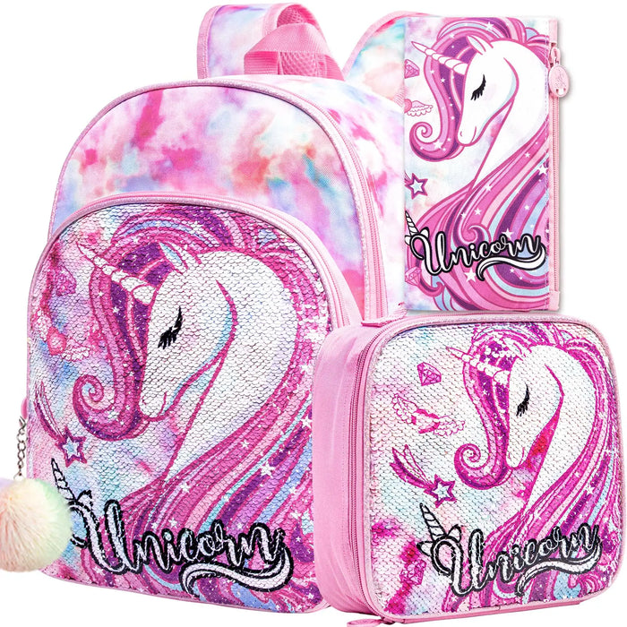 3 Piece Kids Backpack Set 16 Inch School Bag With Lunch Box Unicorn Dinosaur Design