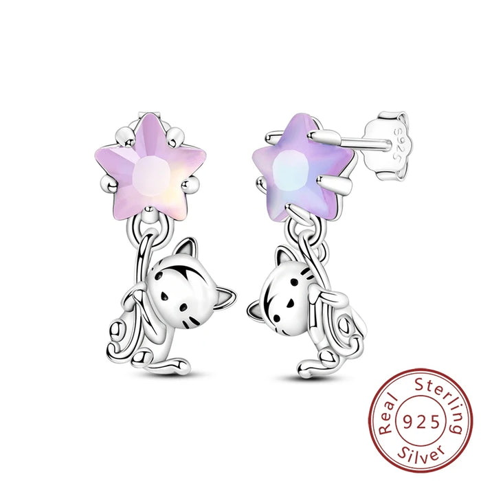 925 Sterling Silver Cat Star Stud Earrings Fine Jewelry For Women & Girls