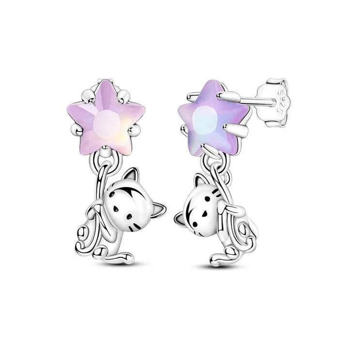 925 Sterling Silver Cat Star Stud Earrings Fine Jewelry For Women & Girls