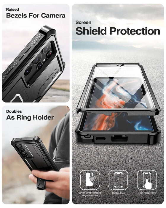 For Samsung Galaxy S23 5G Kickstand With Two Front Frames 360 Degree Full Body Bumper Military Grade Armor Shockproof Shell Case