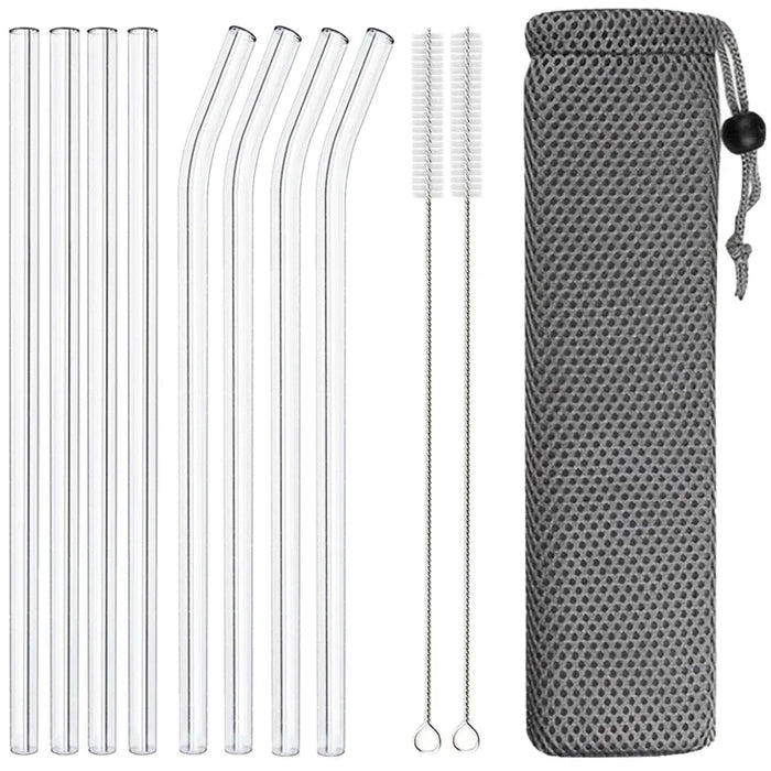 8 Piece Reusable Glass Straws For Smoothies & Cocktails With Brushes