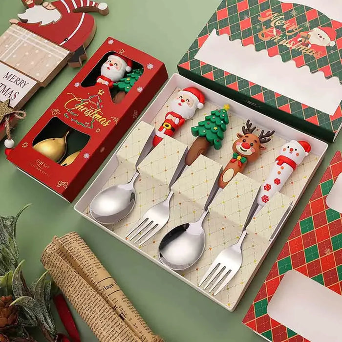 4 Piece Christmas Cutlery Set With Elk & Tree Design