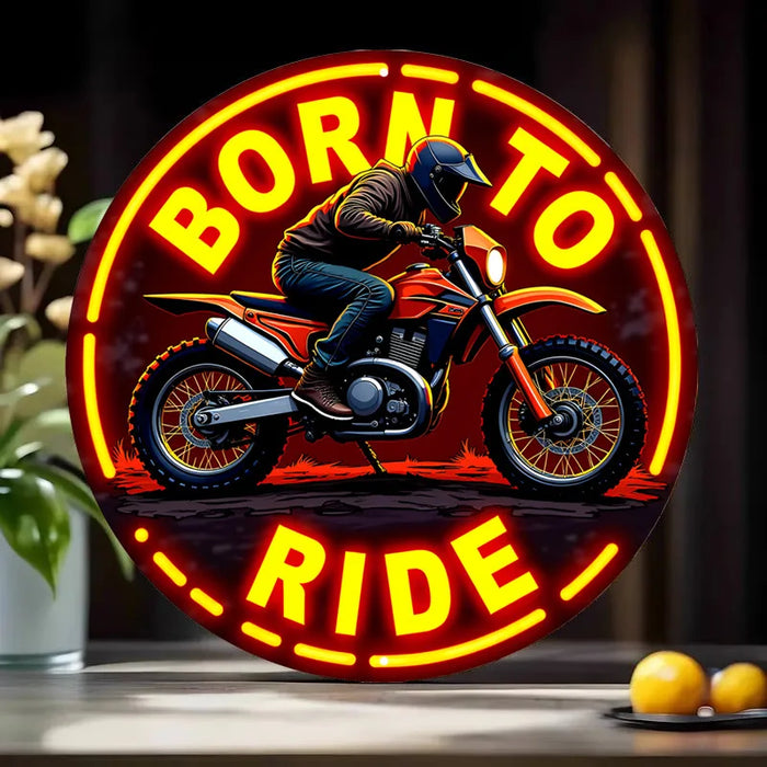 Distressed Neon Dirt Bike Metal Sign Vibrant Orange / Yellow Glow