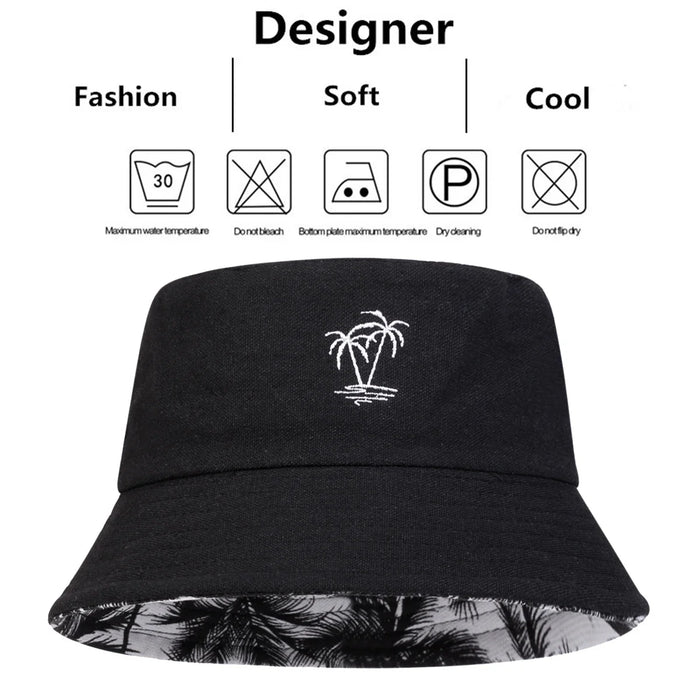 Double Sided Coconut Tree Embroidery Bucket Hat For Unisex Outdoor Sun Protection