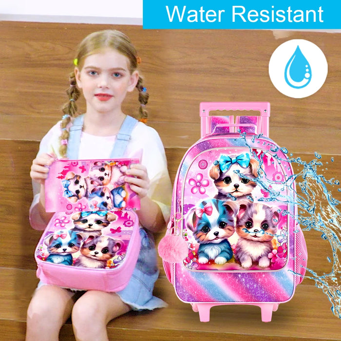 3 Piece Girls Rolling Backpack Set With Lunch Bag Dog