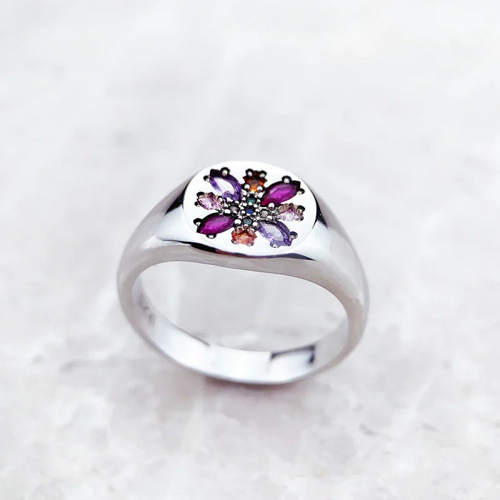 925 Sterling Silver Boho Flower Ring Colourful Stone European Style Fine Jewelry For Women