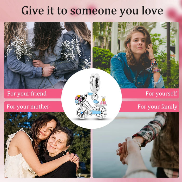 925 Sterling Silver Flower Bicycle Pendant Fits Bracelet