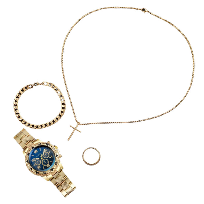 4 Piece Gold Steel Analog Mens Watch Set - Without Box