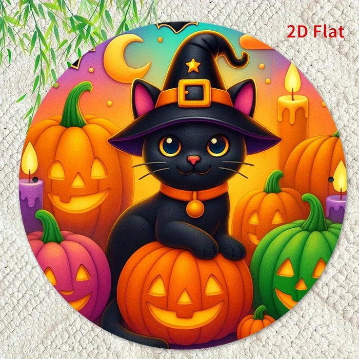 Vintage Halloween Witch Cat & Pumpkins Iron Sign 7.8 Inch Spooky Black Cat